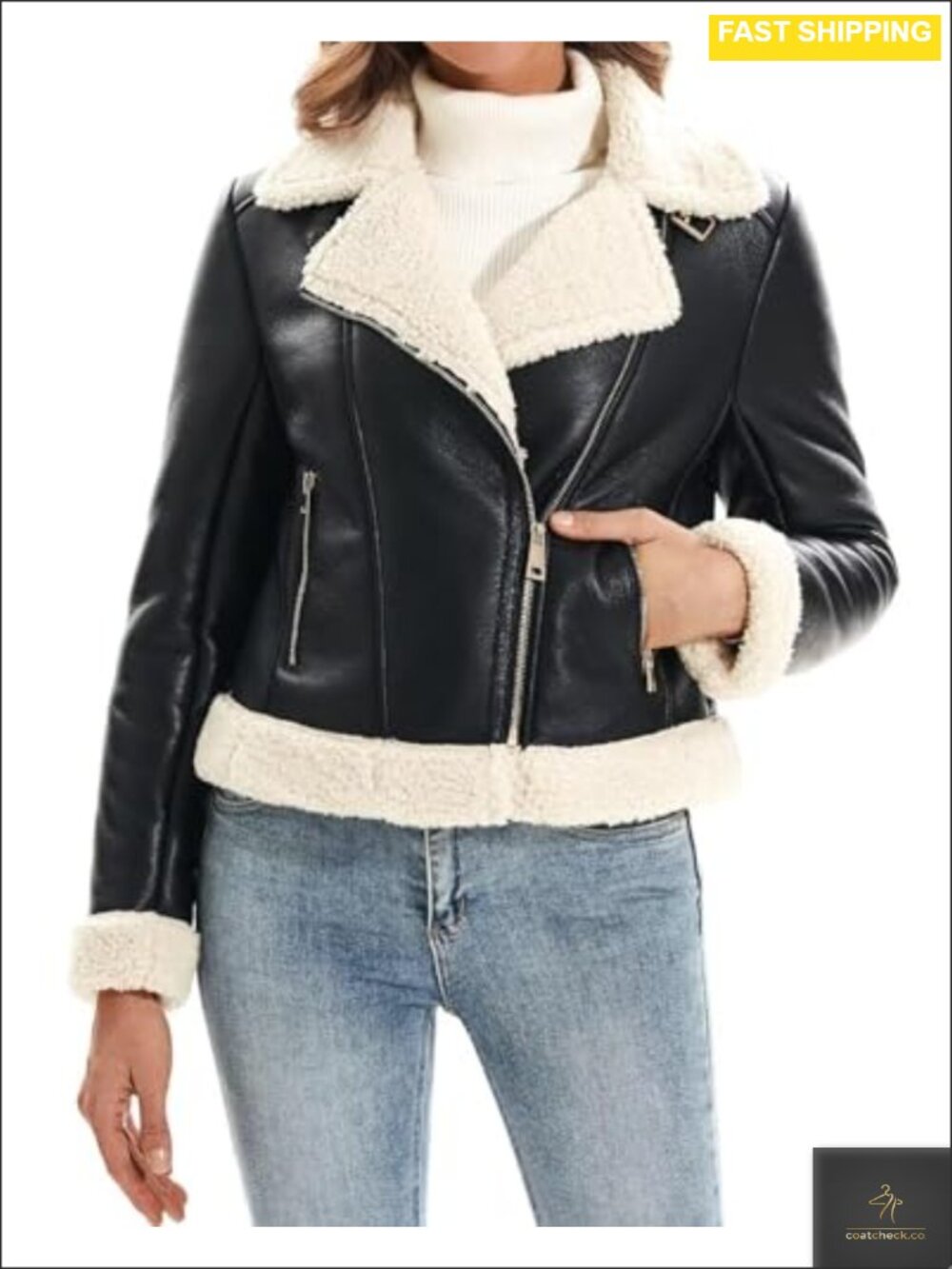 Faux Leather Shearling Moto Jacket Cropped Faux Fur Lined Coat